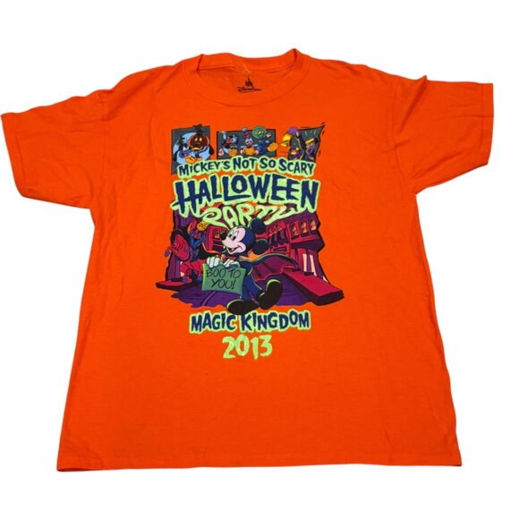 Disney Parks Youth Halloween Party T-Shirt L 2013 Orange Cotton Mickey Mouse NWT - Picture 1 of 5